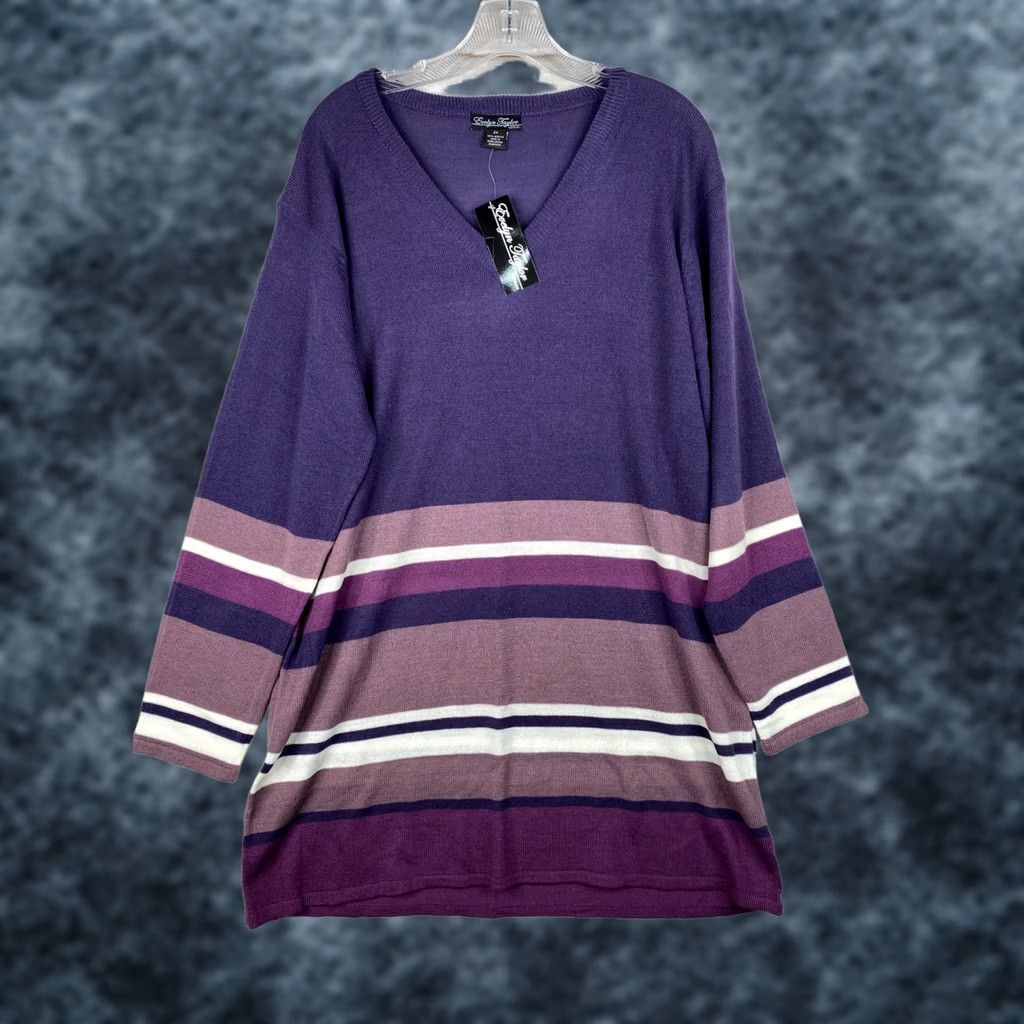 Vintage Evelyn Taylor Sweater Womens 2X Purple Striped Pullover V Neck Thin Stretchy NWT Size XXL / US 16-18 / IT 52-54 - 1 Thumbnail