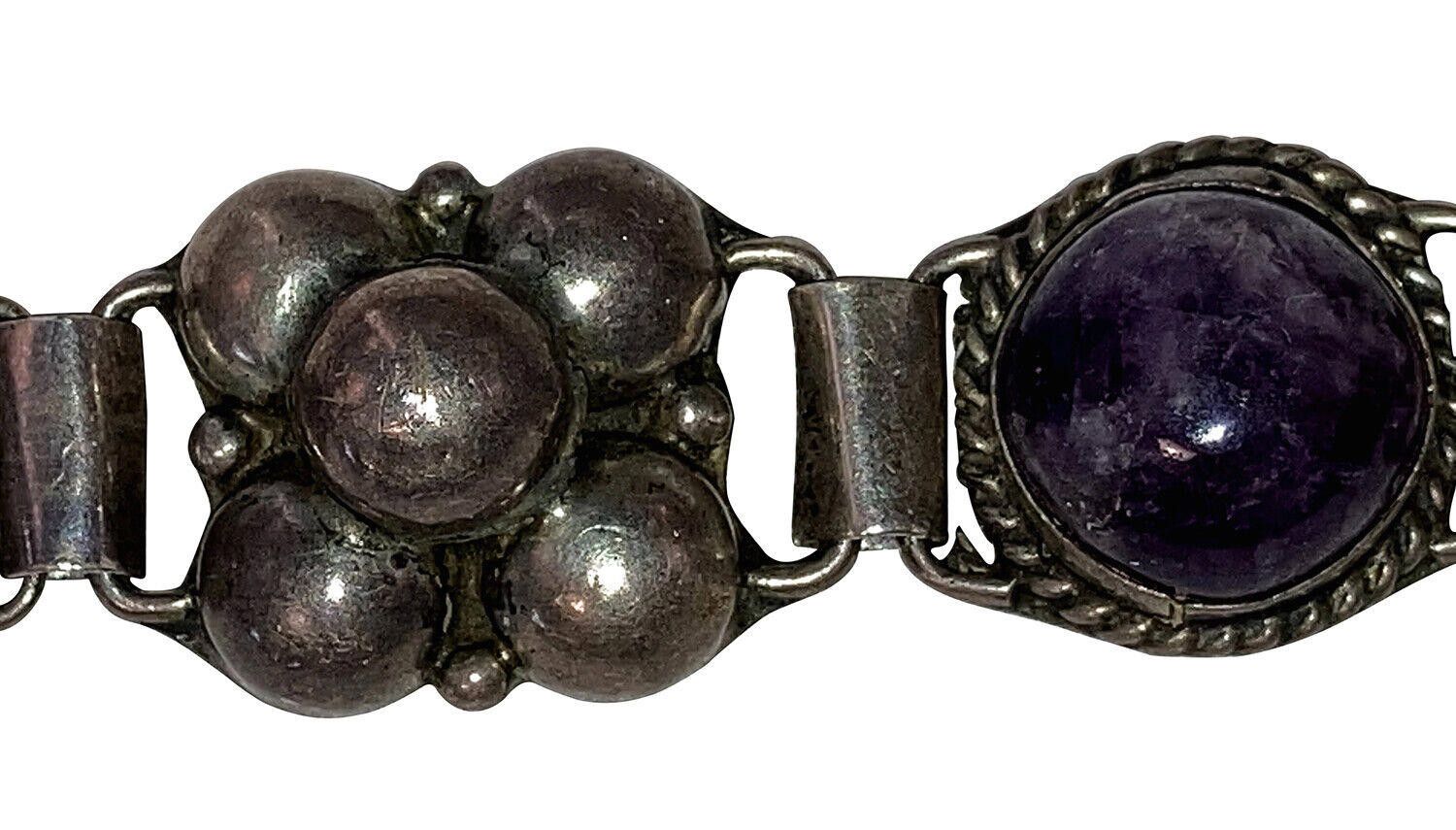 Handmade Mexican Sterling Silver Hand Made Amethyst Cabochon Bracelet Size ONE SIZE - 3 Thumbnail