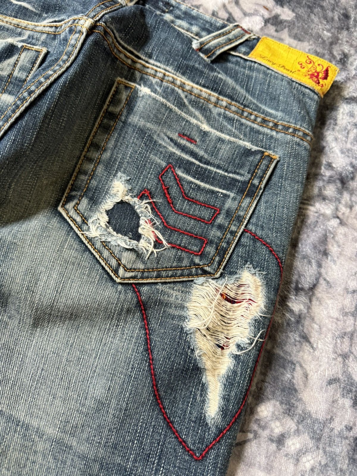 Hysteric Glamour Lucy Pearl Patch Work Leather Trimmed Shashiko Flared Jeans Size US 27 - 14 Thumbnail