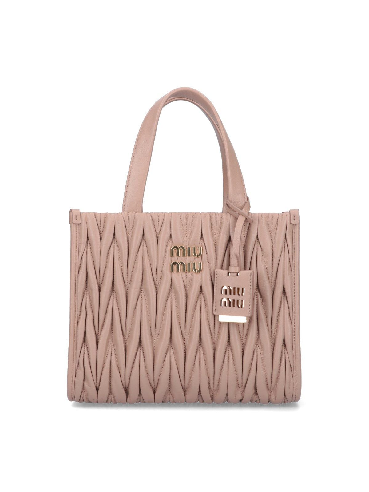 image of Miu Miu Miumiu Logo Matelassé Leather Tote in Pink, Women's