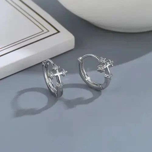 VIBE Silver Color Cross Ear Hoop Earrings Size ONE SIZE - 3 Thumbnail