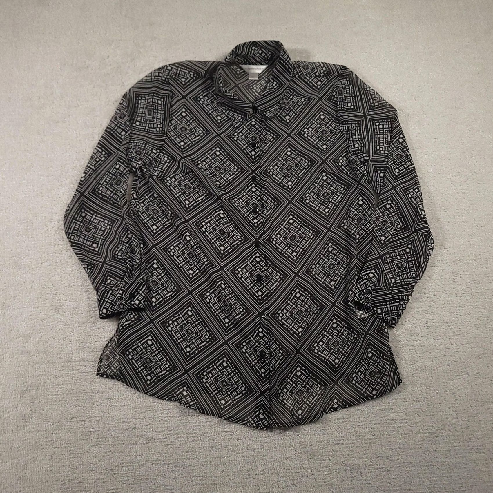 Vintage Christopher & Banks Blouse Womens Large Black White Geometric Print Button Front Size L / US 10 / IT 46 - 2 Thumbnail