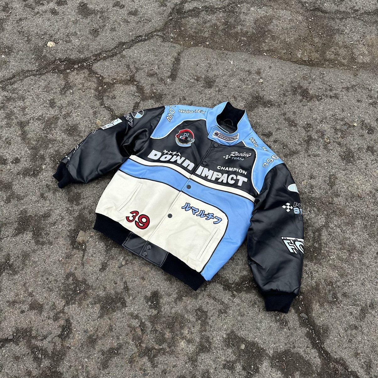 image of Vintage Balenciaga Style Racing Leather Jacket Y2K in Blue/White, Men's (Size Large)