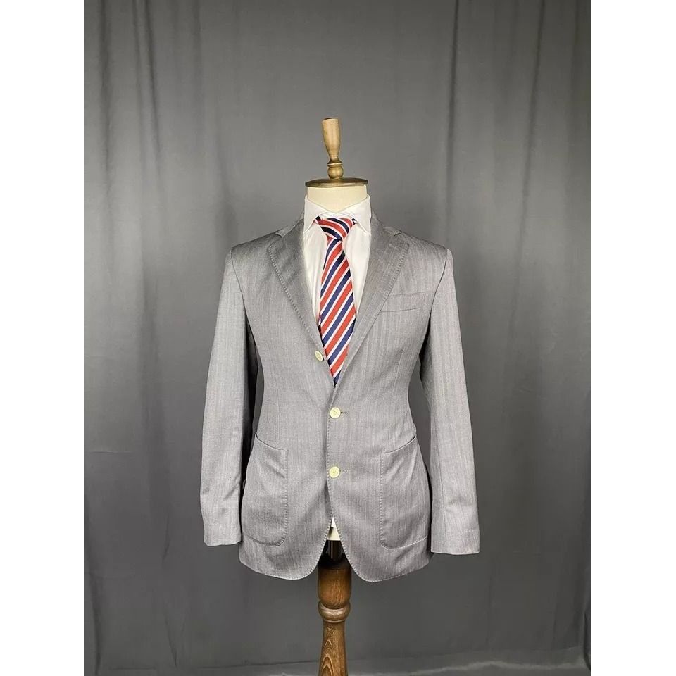 Hackett × Loro Piana Hackett ing Loro Piana Gray Herringbone Wool Blazer Sportcoa Size 38R - 3 Thumbnail