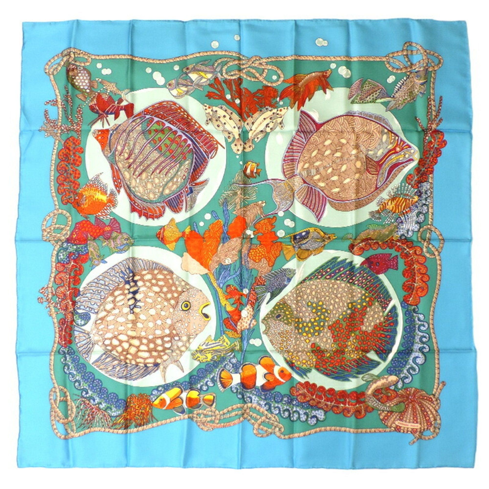 image of Hermes Carre 90 Grands Fonds Deep Sea No Tag Women's Scarf Muffler 100% Silk Turquoise in Black