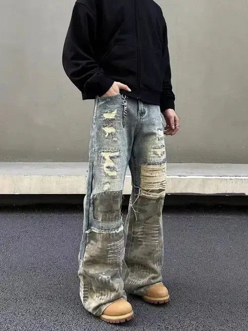 Jean Heavy duty washed and torn camouflage patchwork jeans Size US 34 / EU 50 - 3 Thumbnail