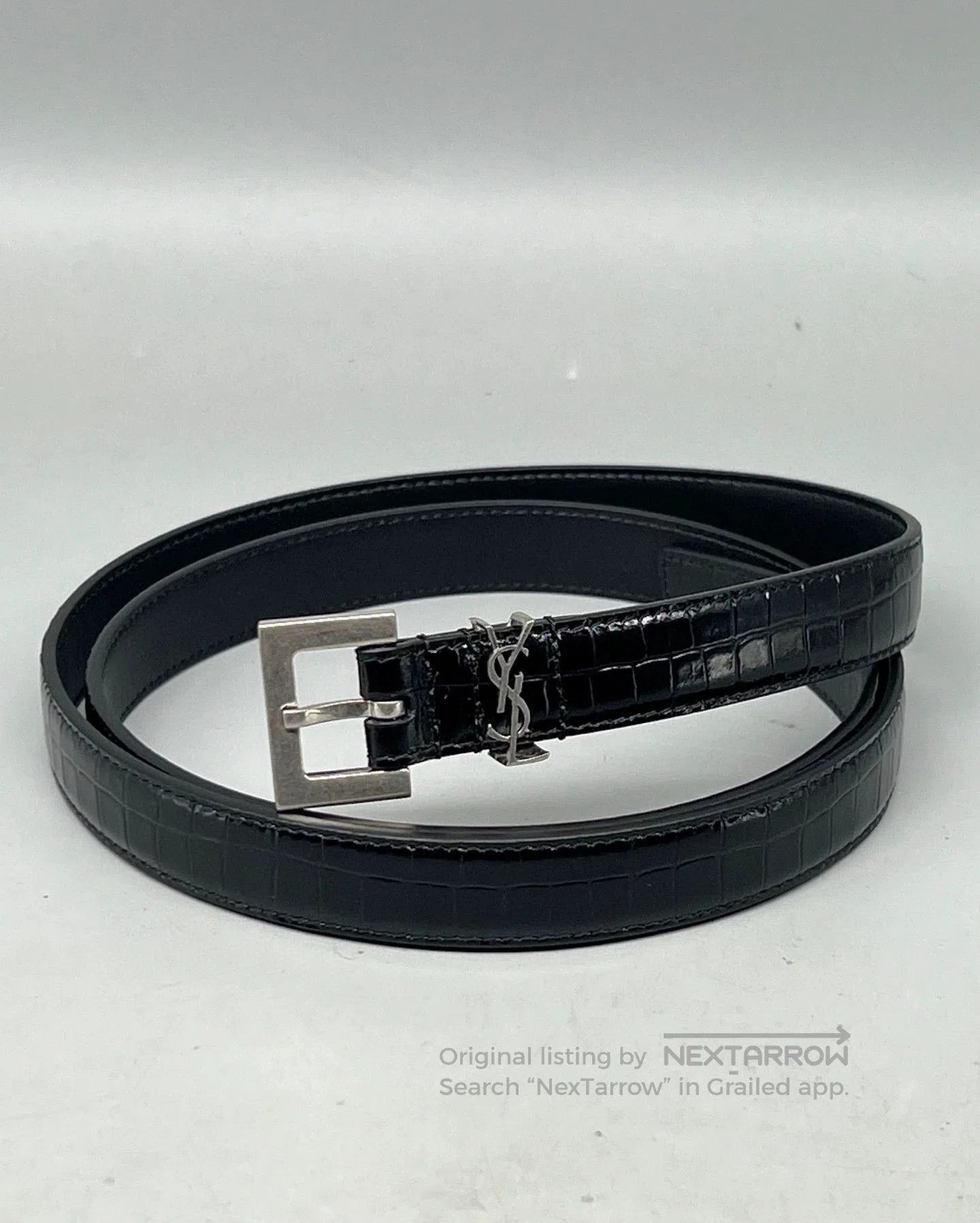 ysl black glossy crocodile belt.