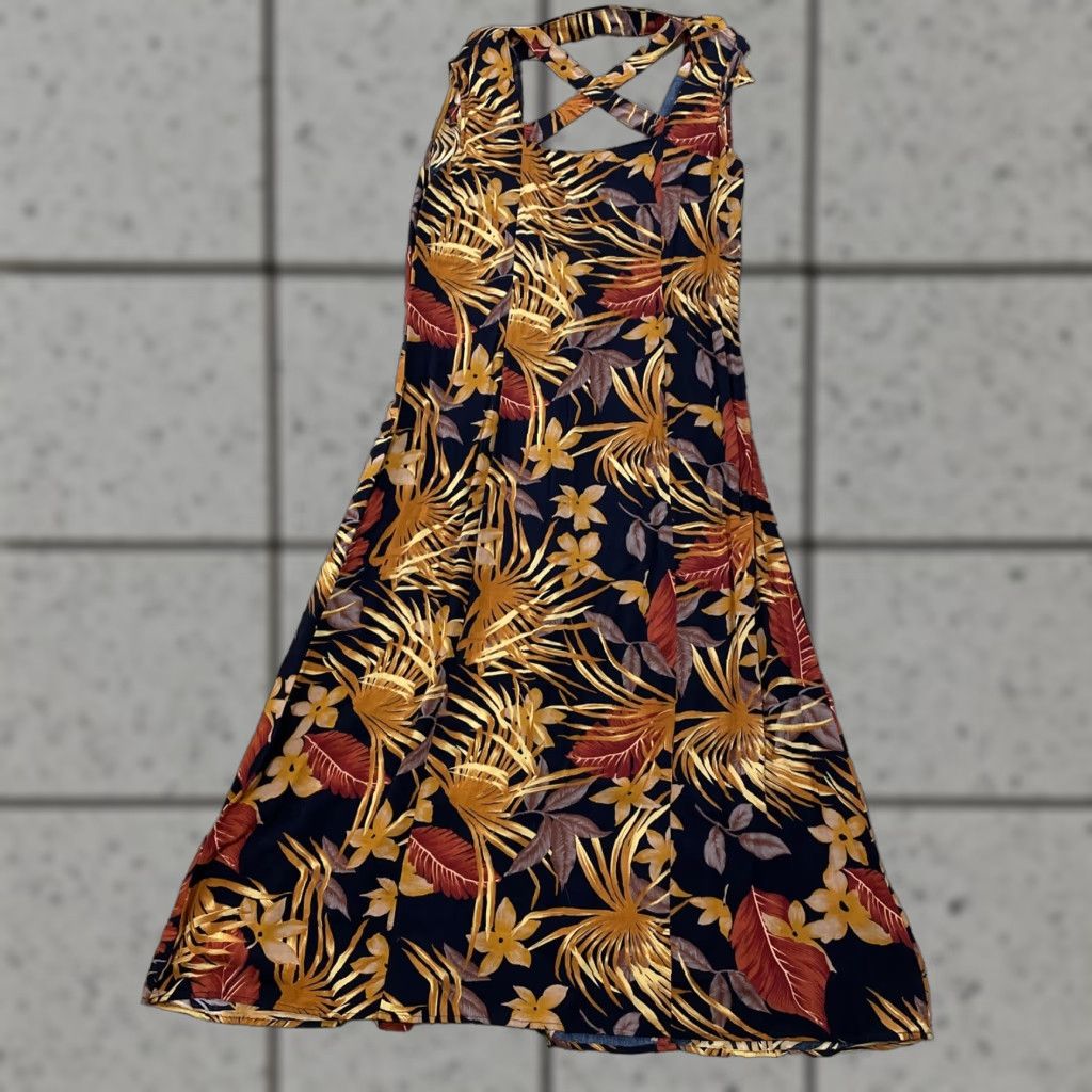 Vintage VINTAGE California Krush Hawaiian Dress Women L Floral Sleeveless Button Front Collared Midi Casual Travel Black Orange Red accents Womens Size L / US 10 / IT 46 - 1 Thumbnail