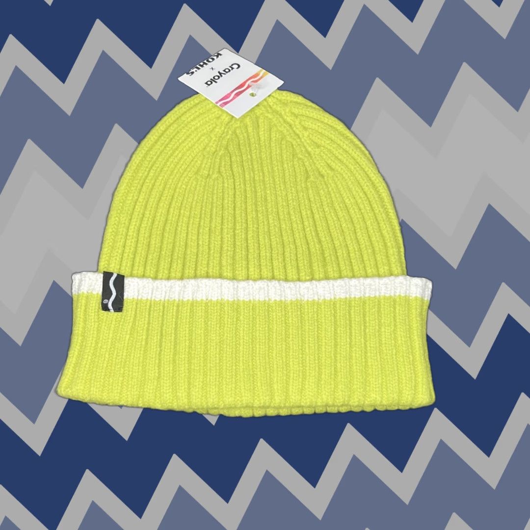 Vintage Crayola Kohls Women's Beanie Knit Hat One Size Lime Green White Sulphur Logo Knit Fall Winter Size ONE SIZE - 1 Thumbnail