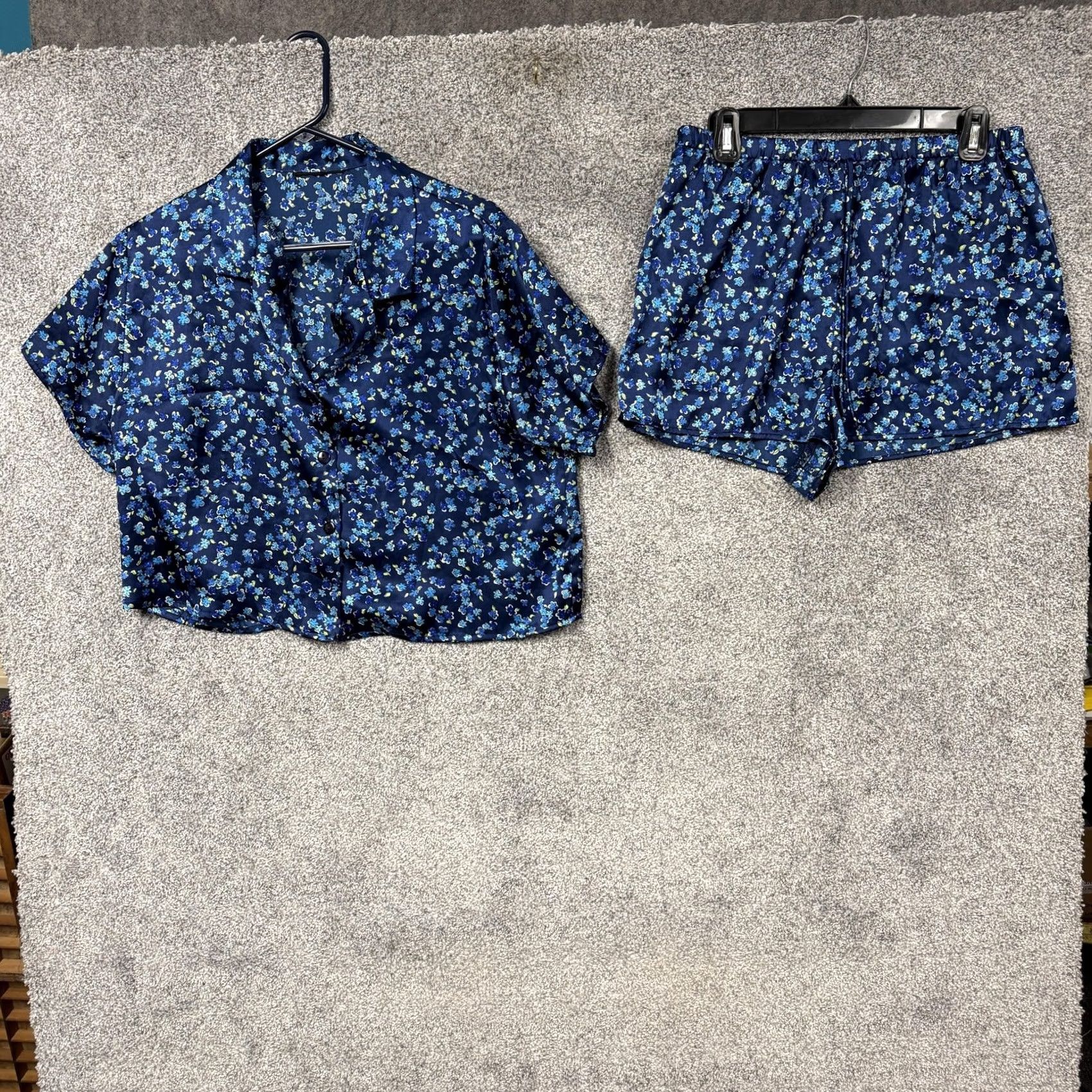 Vintage Satin Pajama Set Navy Floral 90s Grunge Y2K Womens L Slim Collared Short Sleeve Drawstring Shorts Size ONE SIZE - 2 Thumbnail