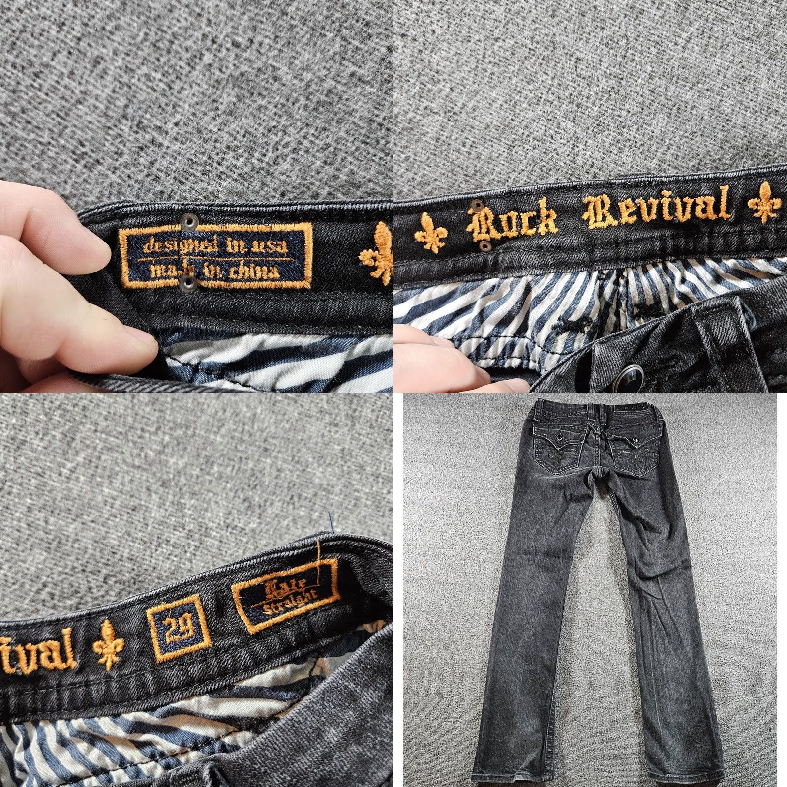 Vintage Rock Revival Jeans Womens 29 Gray Charcoal Denim 29x31 Straight Low Rise Slim 5-Pocket Buttons Embroidered Logo Vintage No Size 29" - 8 Thumbnail