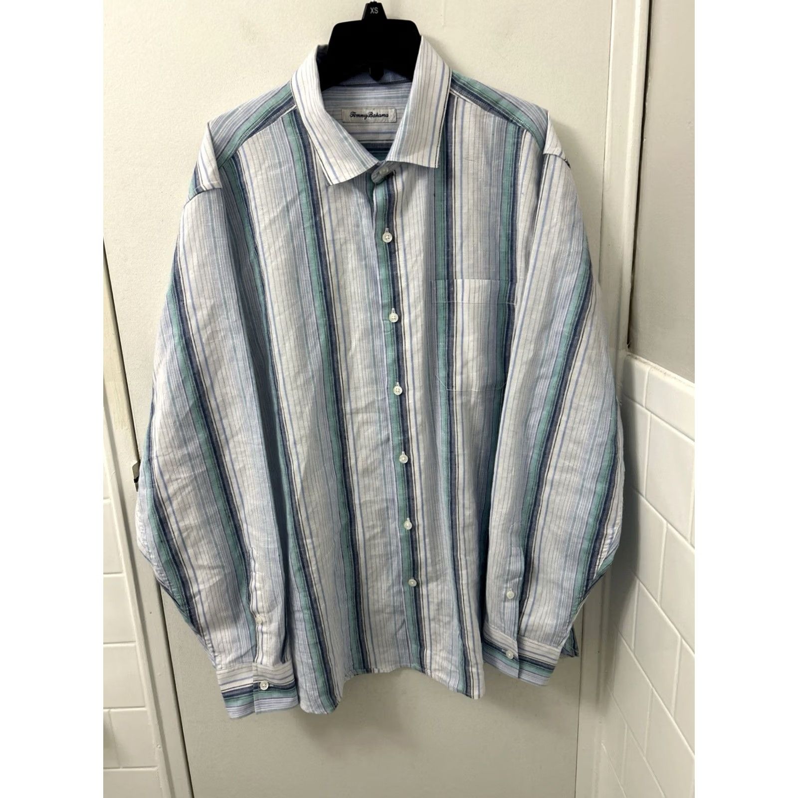 Tommy Bahama Tommy Bahama Shirt Mens Large White Blue Striped Linen Blend Button Down L/S Size US L / EU 52-54 / 3 - 2 Thumbnail
