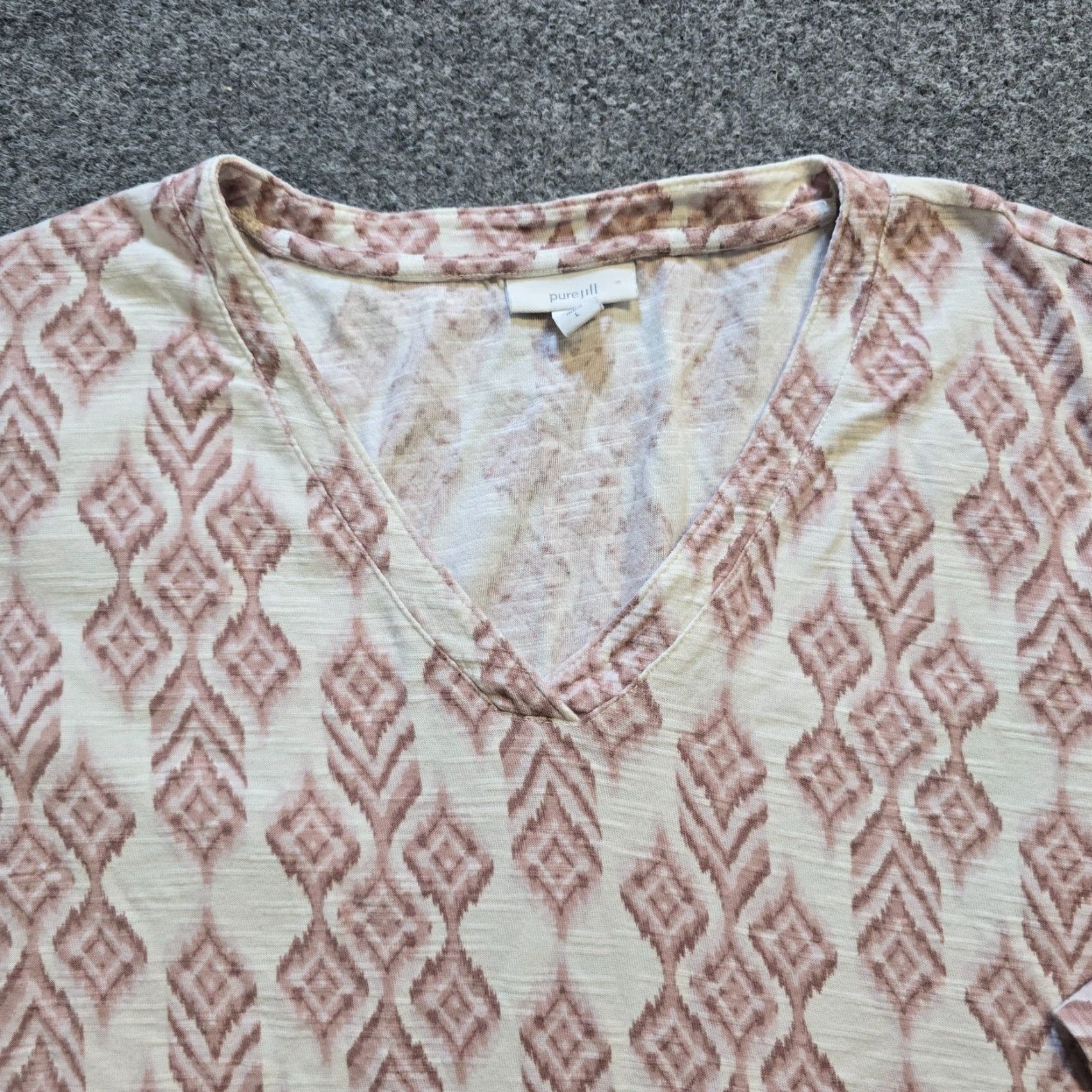 J. Jill J. Jill Top Shirt Womens Large White Pink Southwest Slub Knit 3/4 Sleeve Casual V-Neck Size L / US 10 / IT 46 - 2 Thumbnail