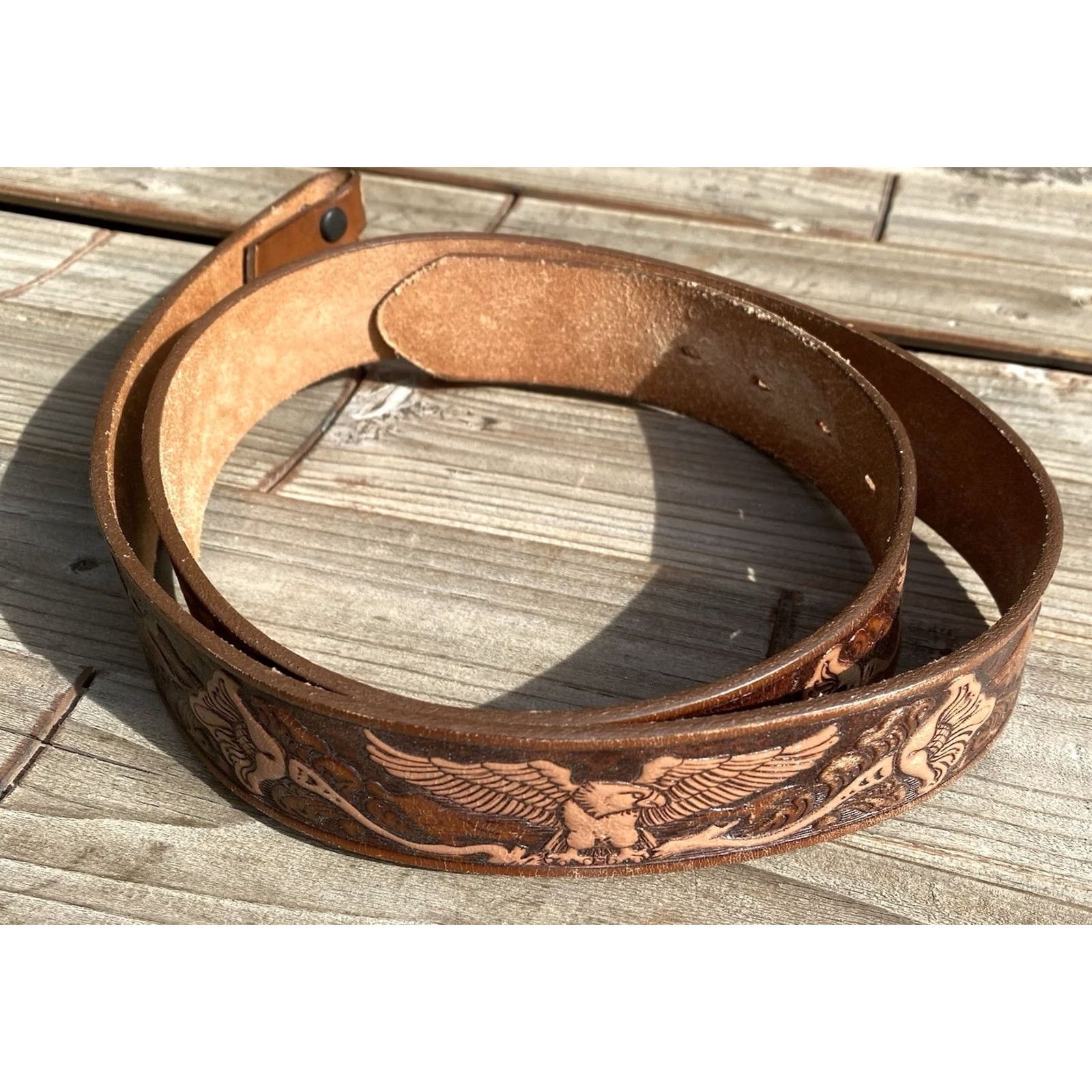 Vintage VINTAGE Eagle Tooled Leather Belt Mexico Western Biker Americana Cowboy Sz 38 40 Size 38 - 7 Thumbnail