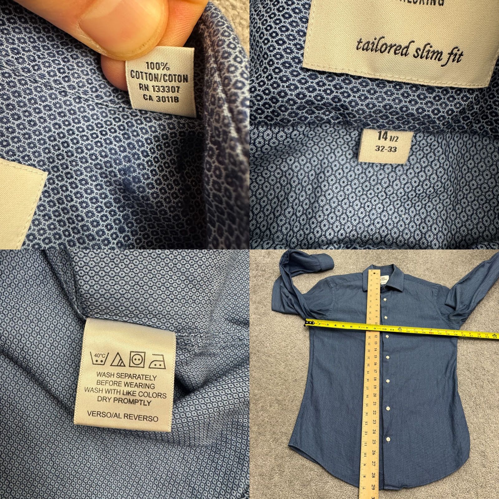 Ben Sherman Ben Sherman Dress Shirt Mens 14.5 Slim Blue Geometric Cotton Shirt Size 40R - 8 Thumbnail
