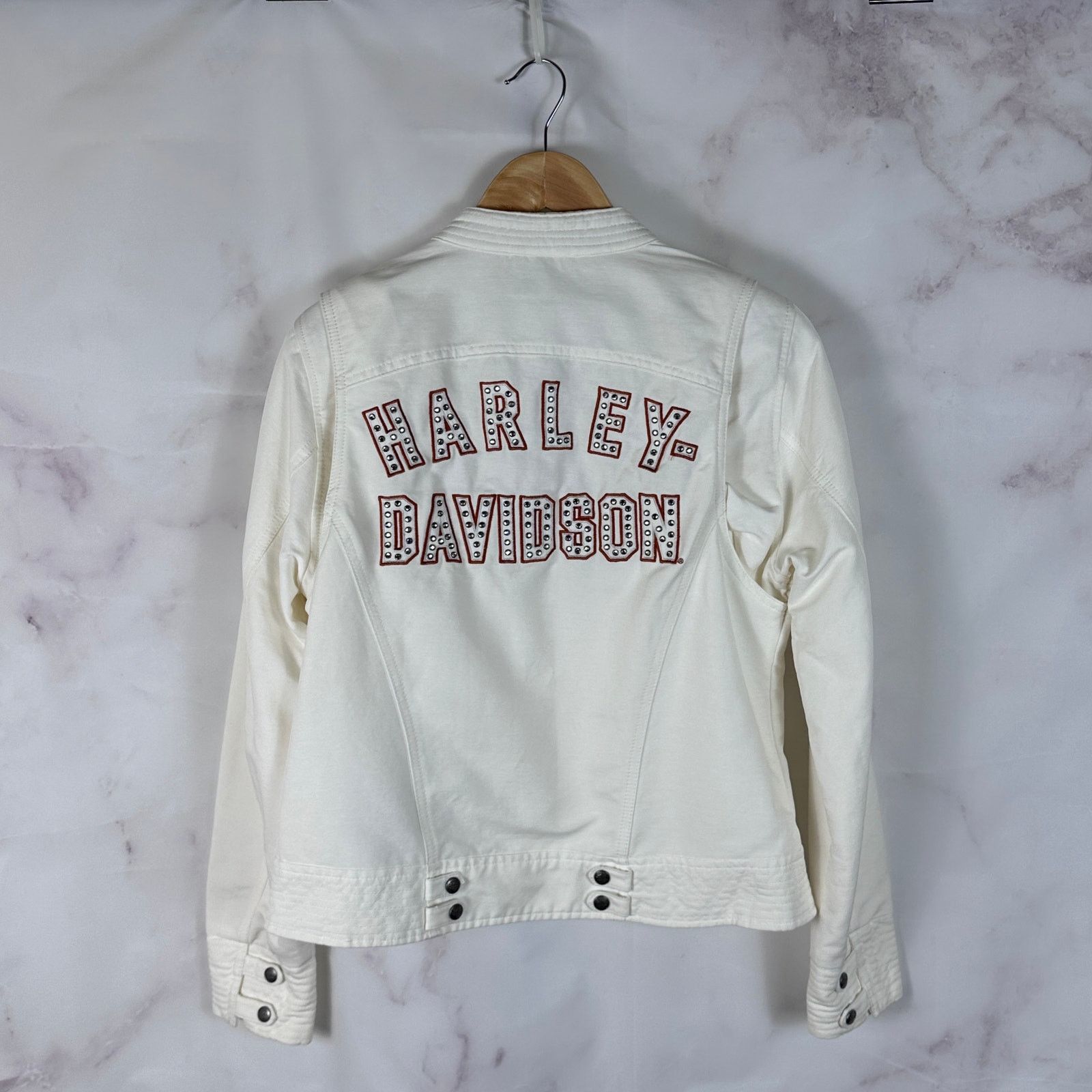 Harley Davidson White Rhinestone Motorcycle Jacket Size S / US 4 / IT 40 - 1 Thumbnail