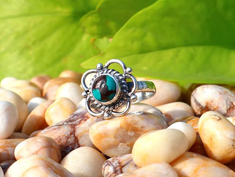 Handmade Turquoise Silver Ring, Flower Gemstone, December Birthstone Size ONE SIZE - 2 Thumbnail