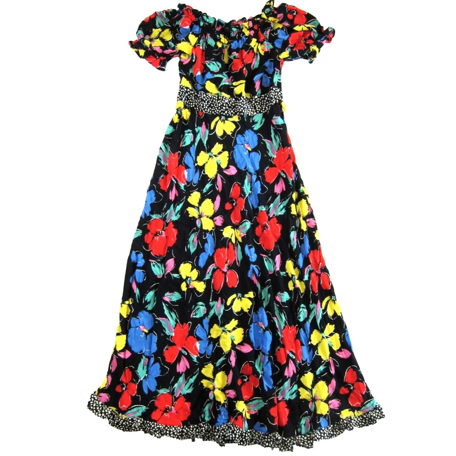 Vintage RICO Black Yellow Red Pink Floral Off Shoulder Short Sleeve Long Maxi Dress 4 Size 27" / US 4 / IT 40 - 2 Thumbnail