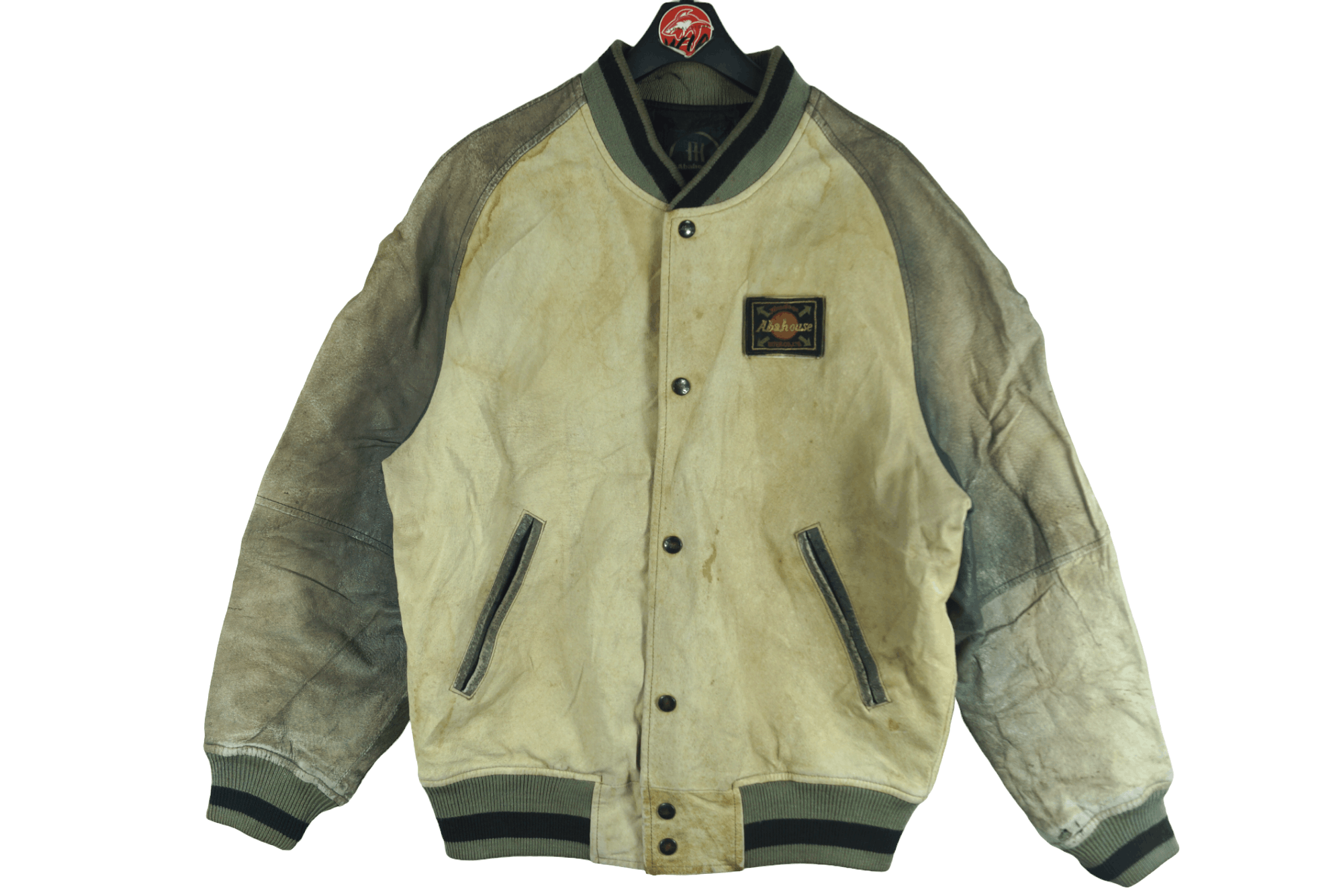 image of Abahouse Varsity Leather Jacket Spellout Nice Design in Light Brown, Men's (Size Medium)