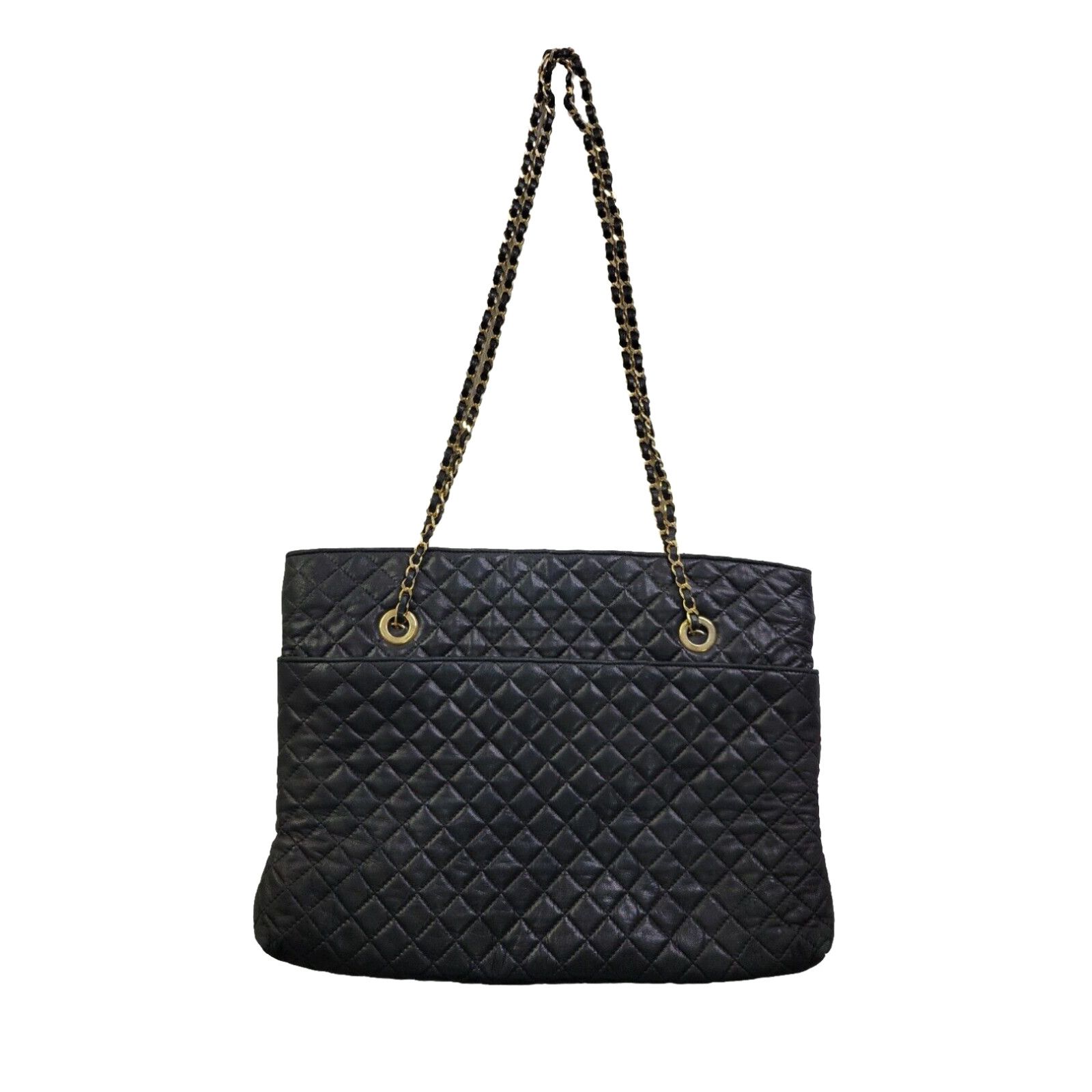 image of Vintage Henry's London Black Quilted Genuine Leather Tote Purse Bag Gold Chain Straps in White, Wom