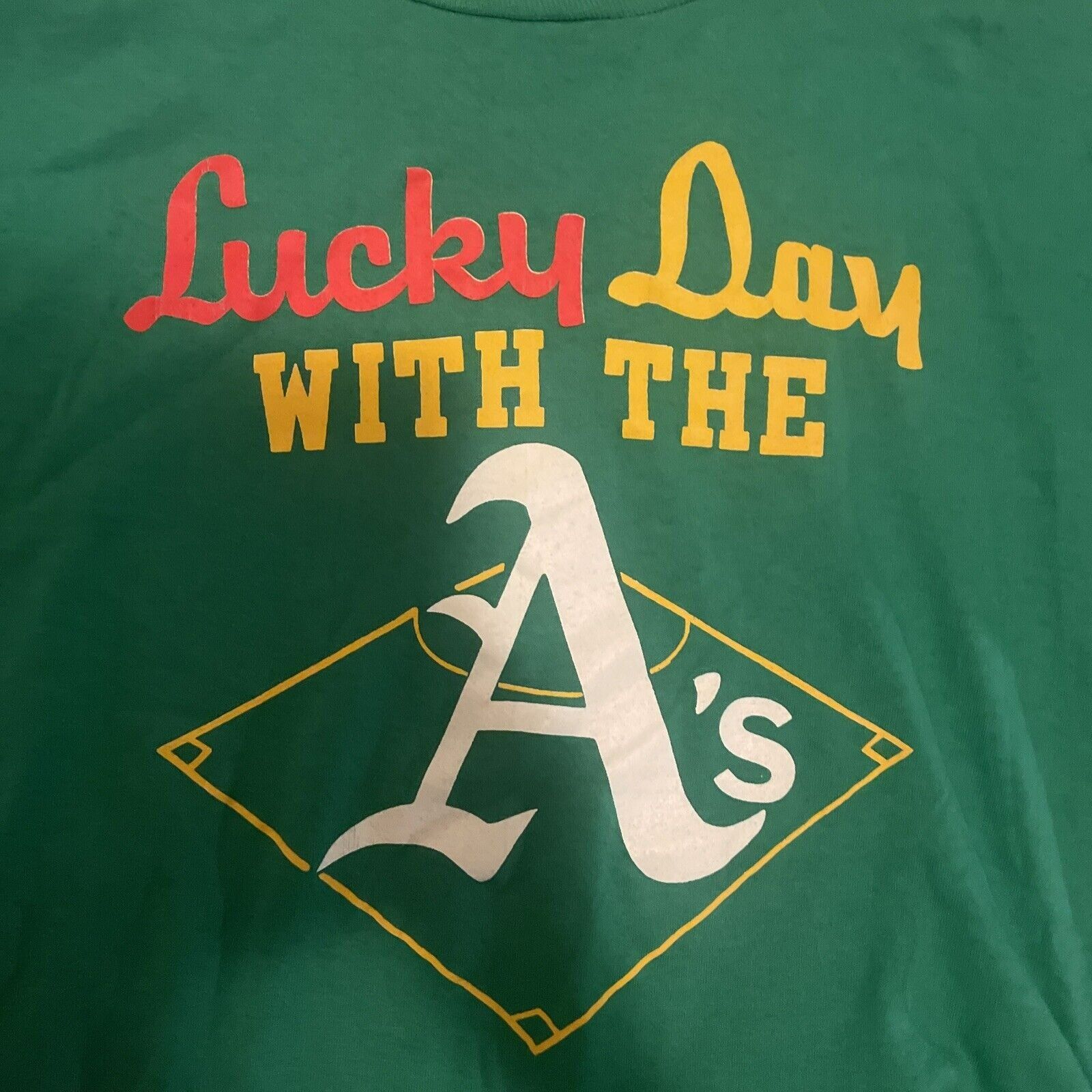 image of Vintage Oakland A’S T Shirt XL Lucky Day Single Stitch in Green, Men's