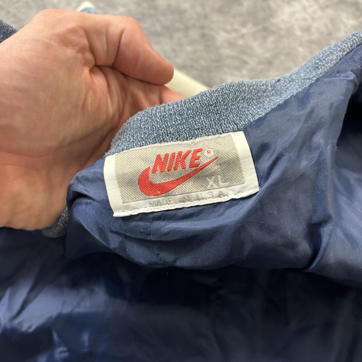 Nike × Vintage 1990s Vintage Nike Bomber Jacket Vintage Denim Jacket Swoosh Size US L / EU 52-54 / 3 - 4 Thumbnail