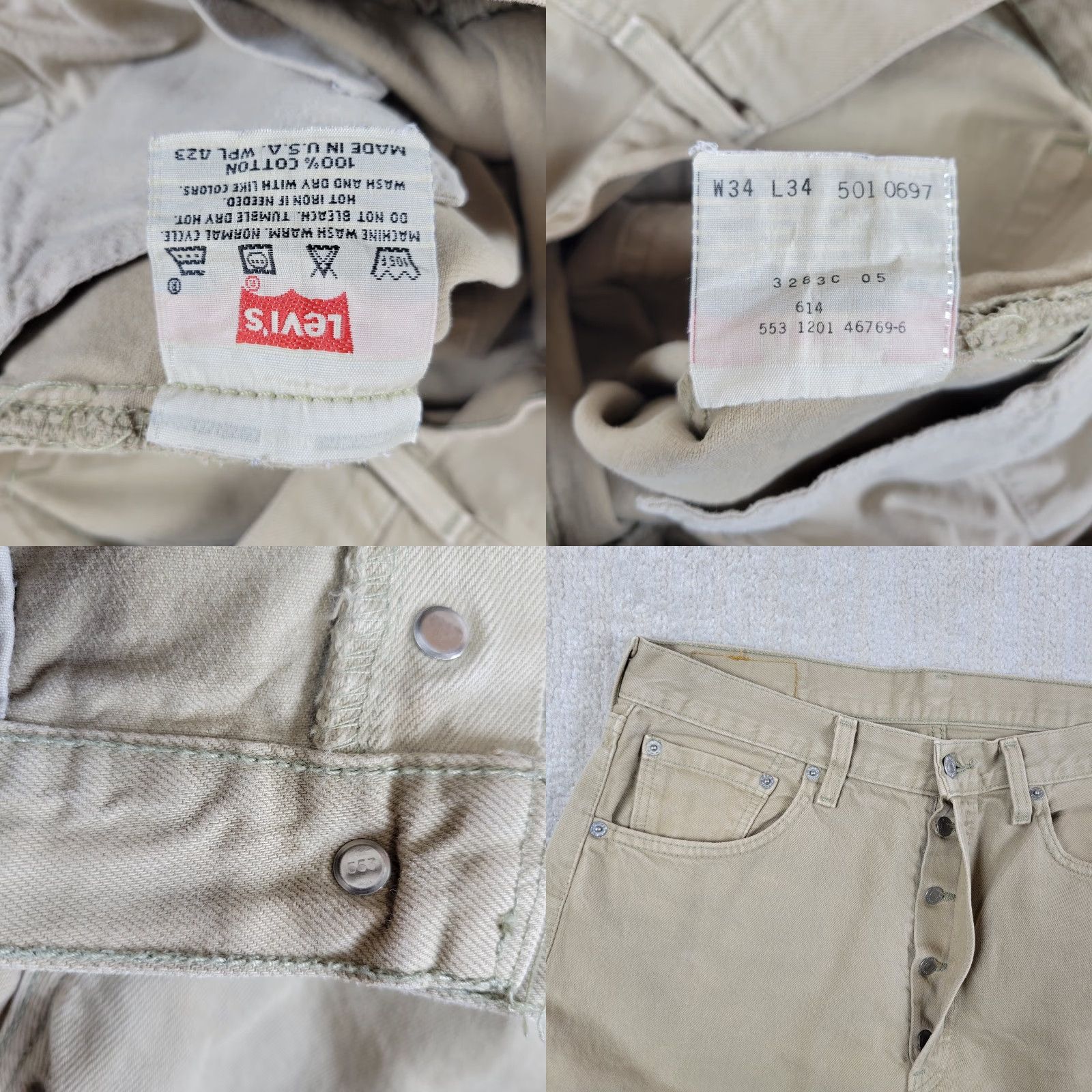 Levi's VINTAGE Levi's 501 Jeans Mens 34X34 Beige Blue Distressed 90s USA Straight Button Fly Regular 5-Pocket Denim Cotton Cotton Jeans Mens Levi's 501 Size US 34 / EU 50 - 8 Thumbnail