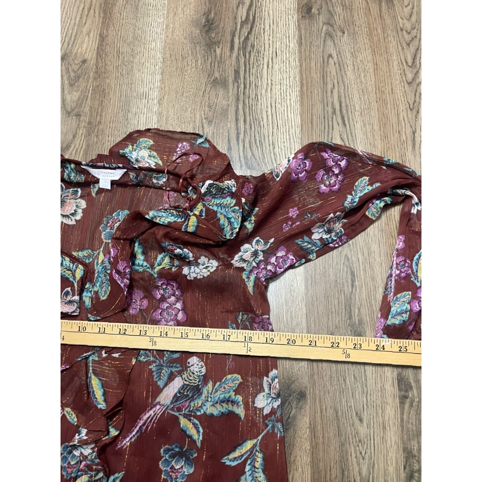 Vintage LC Lauren Conrad Shirt Womens Small Brown Floral V-Neck Ruffle Long Sleeve T-Shirt Size S / US 4 / IT 40 - 5 Thumbnail