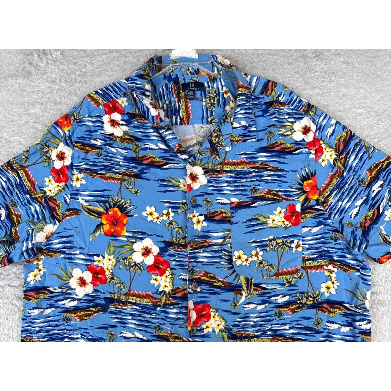 George George Shirt Men 2XL Blue Floral Island Hawaiian 100% Rayon Button-Up Size US XXL / EU 58 / 5 - 6 Thumbnail