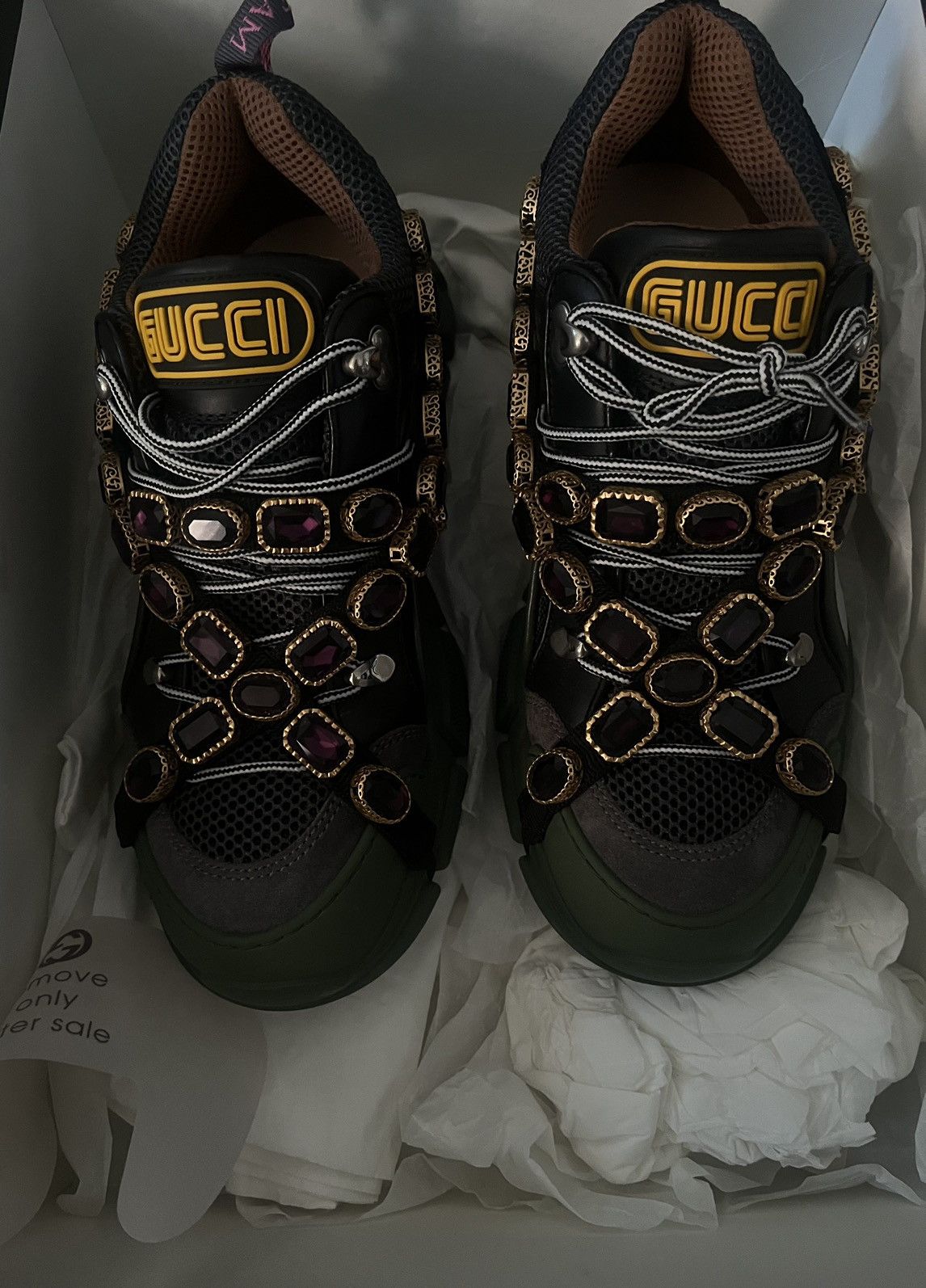 Pre-owned Gucci Flashtrek Sega Green Removable Crystals Shoes In Black