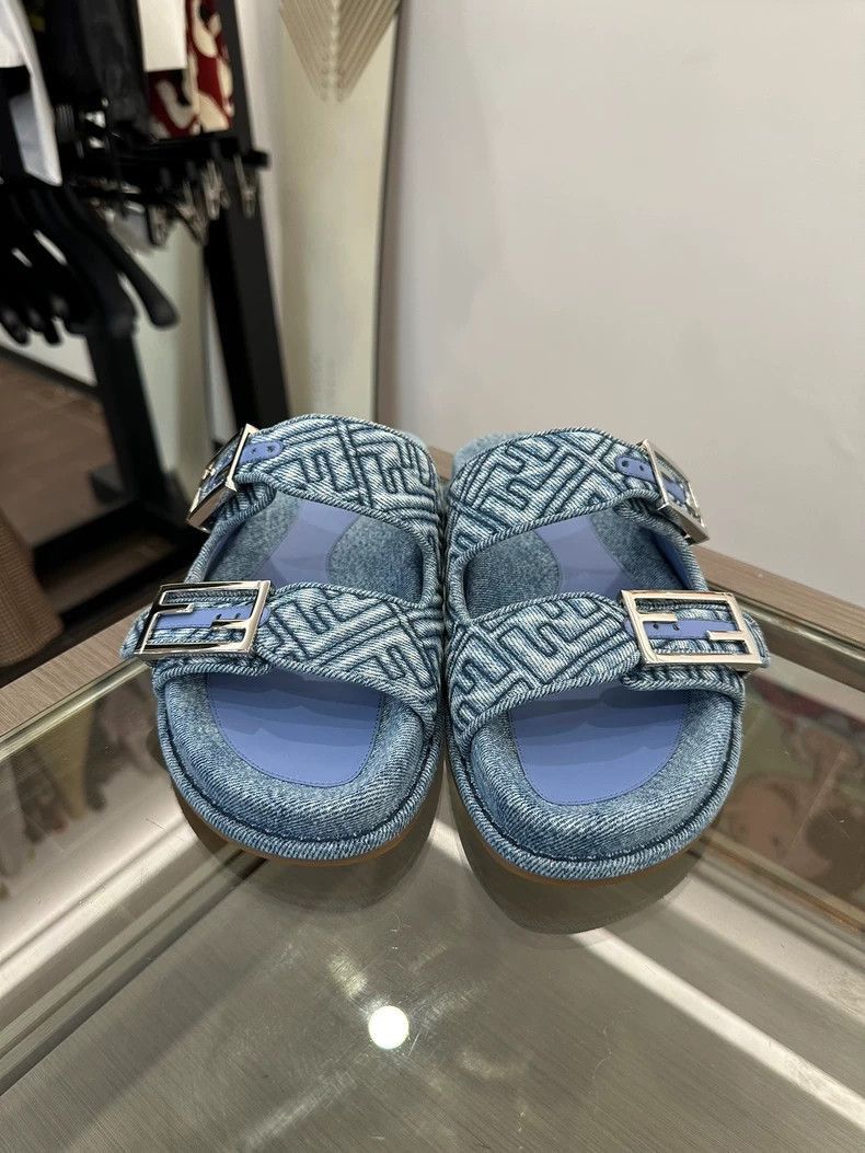 Fendi Fendi Blue Denim Logo Slide Sandals Size US 7.5 / EU 40-41 - 2 Thumbnail