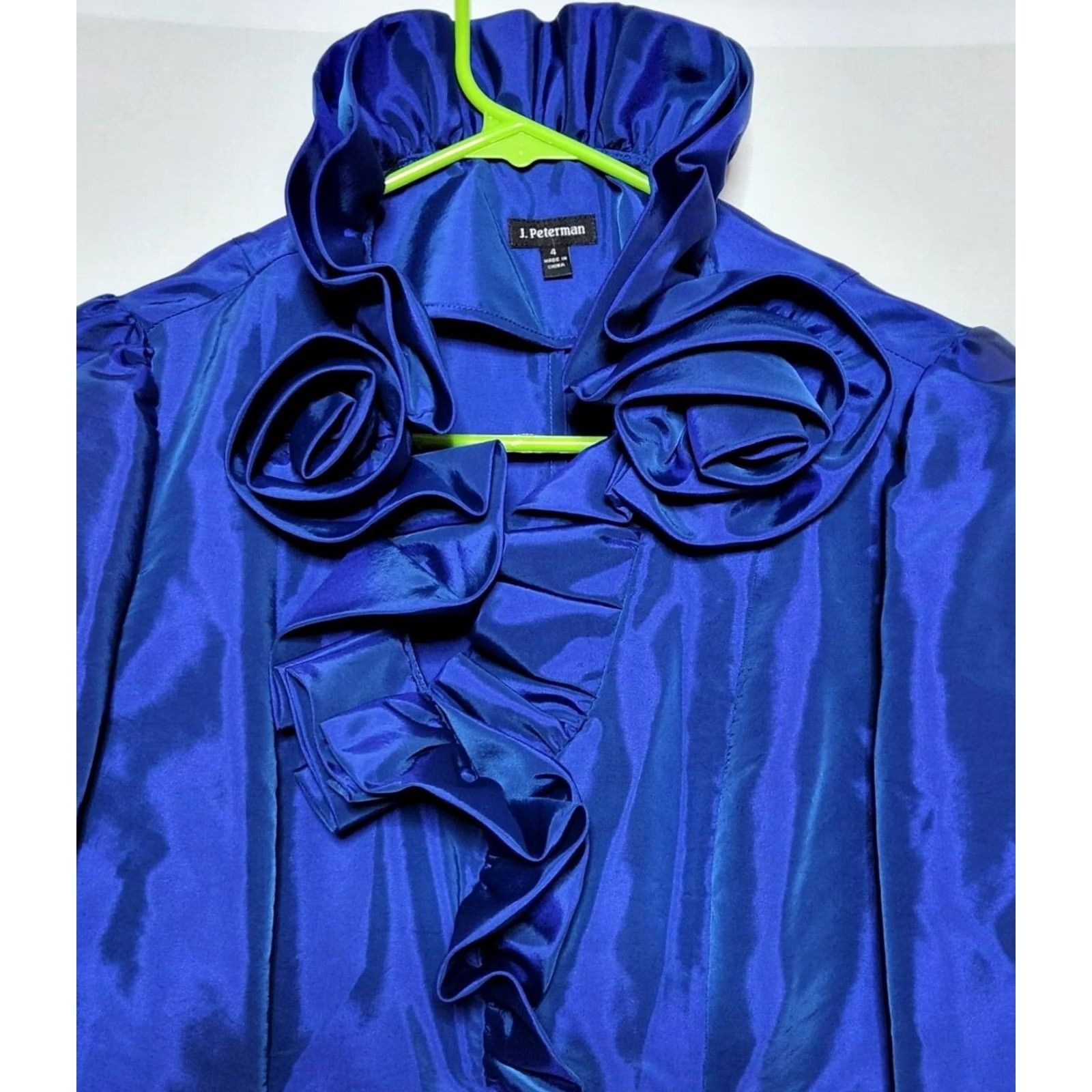 Vintage J Peterman Womens Blouse Button Up Ruffle Long Sleeve Blue Size 4 - Nylon Blend Solid Top Size S / US 4 / IT 40 - 3 Thumbnail
