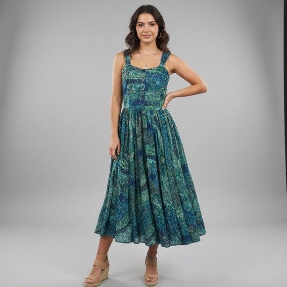 Other Vintage Paris Sports Club 100% Cotton Midi Blue and Green Fl Size M / US 6-8 / IT 42-44 - 1 Thumbnail