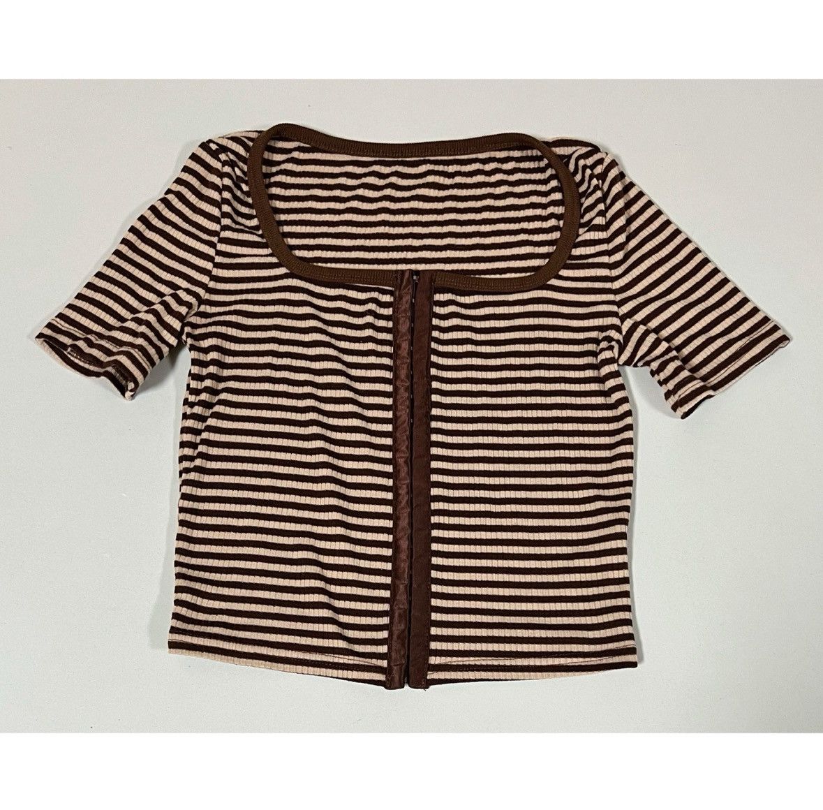 Japanese Brand Brown Tan Beige Striped Corset Shirt Top Blouse Tee Size S🤎✨ Size S / US 4 / IT 40 - 3 Thumbnail