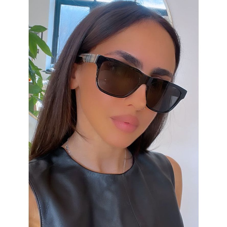image of New Burberry Be4293 Checked Temple Sunglasses In Black, Men's