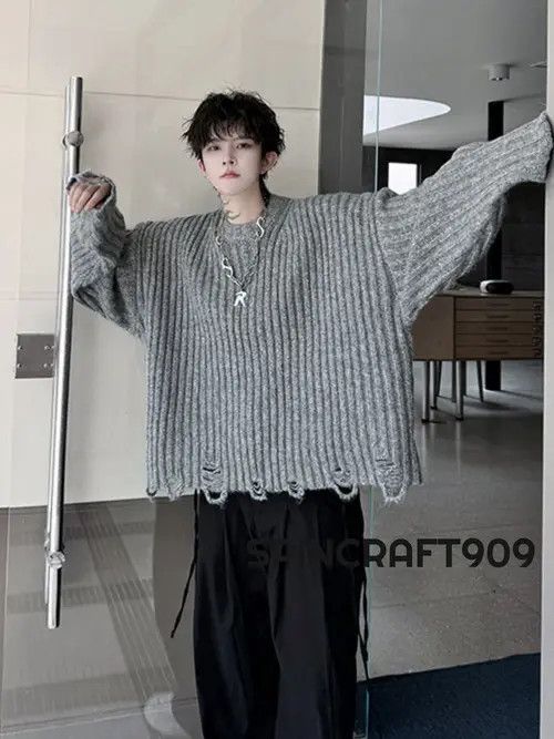 VIBE Distressed Stripe Gray Knit Sweater Size US L / EU 52-54 / 3 - 4 Thumbnail