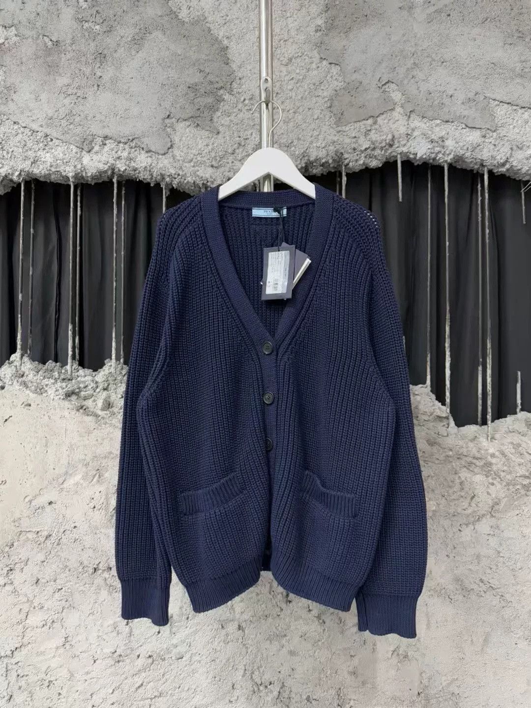 Prada Prada Navy Knit Triangle Logo Wool Cardigan Size US S / EU 44-46 / 1 - 1 Thumbnail