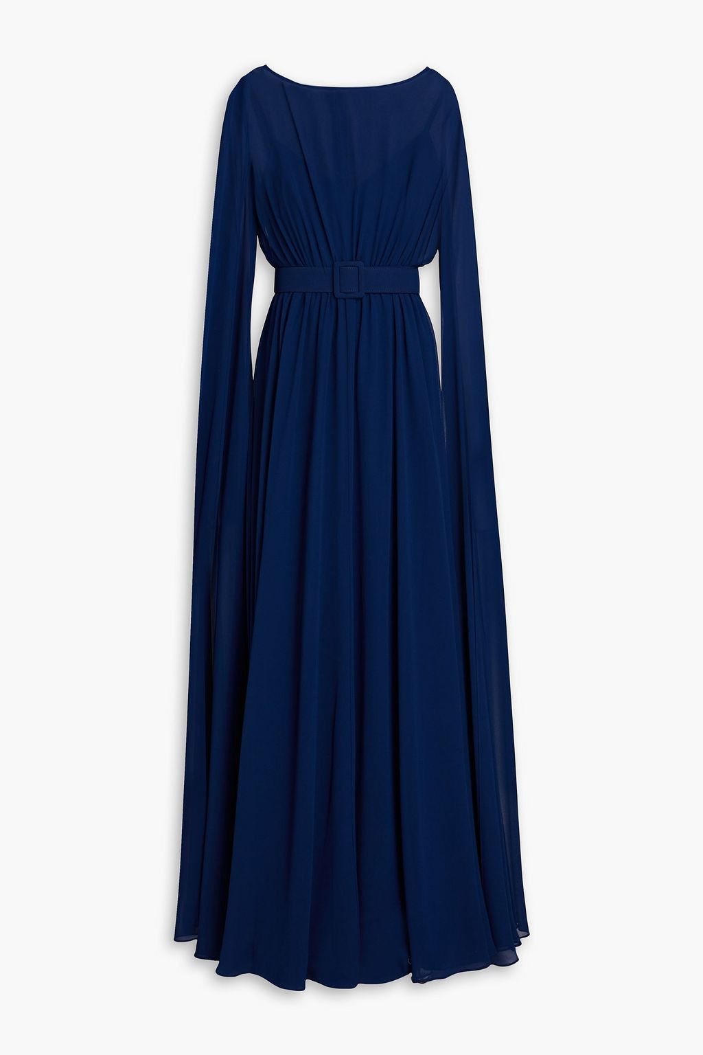 image of $880 Badgley Mischka Belted Draped Georgette Gown Size 0 in Navy, Women's