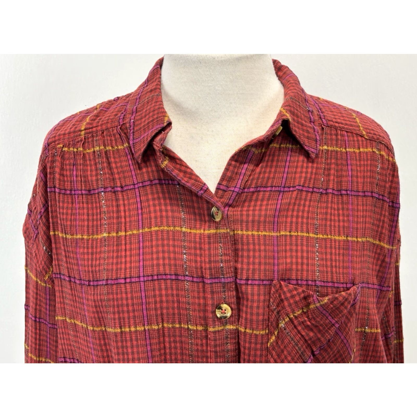 Free People Free People Break My Stride Plaid Tunic Size Medium Red Long Sleeve Oversized Size M / US 6-8 / IT 42-44 - 2 Thumbnail