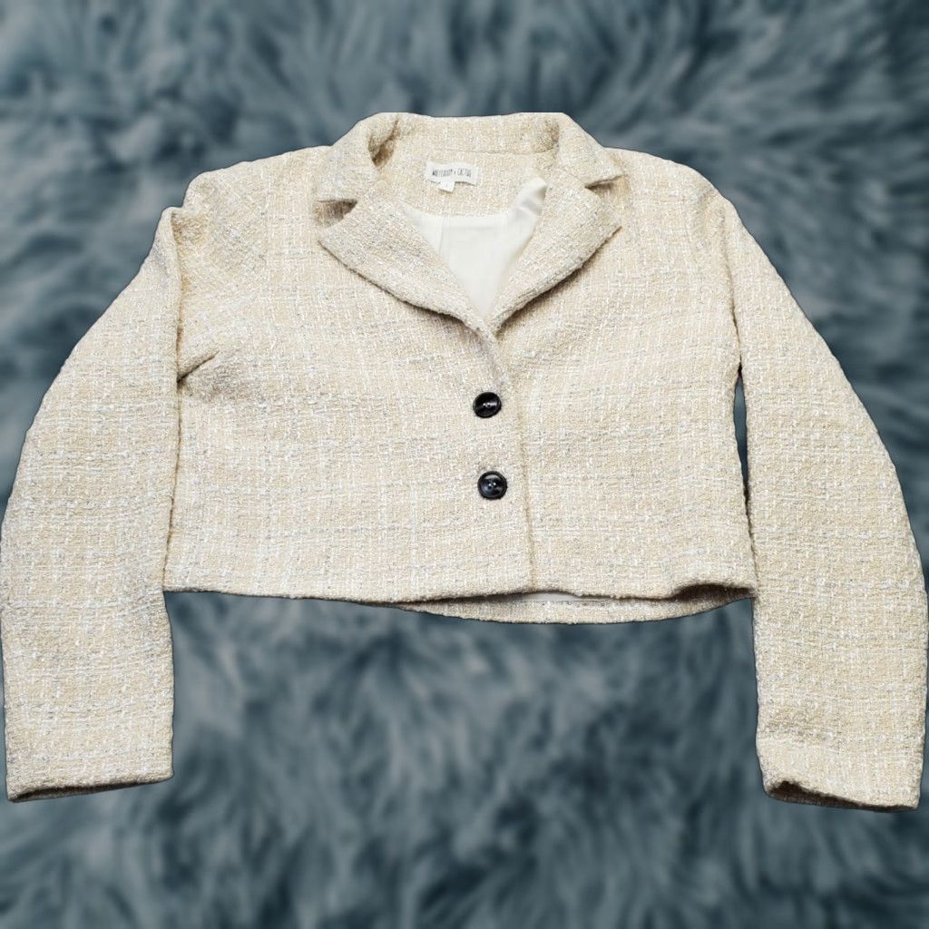 Vintage Whiteroom + Cactus Blazer Womens Size L Tan Lined Peak Lapel Cropped Tweed Jacket EUC Size L / US 10 / IT 46 - 1 Thumbnail