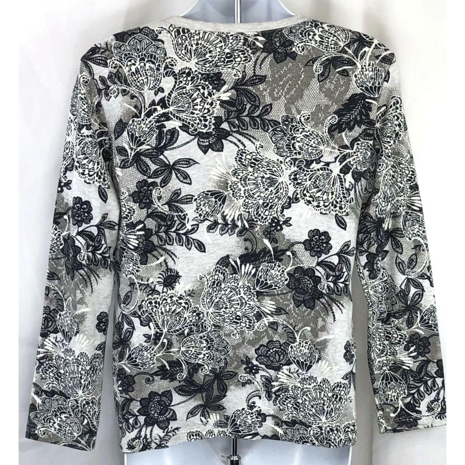 Vintage Karen Scott Top Floral Long Sleeve Cotton Blouse MP Gray Bohemian Office Casual Womens Size M / US 6-8 / IT 42-44 - 3 Thumbnail