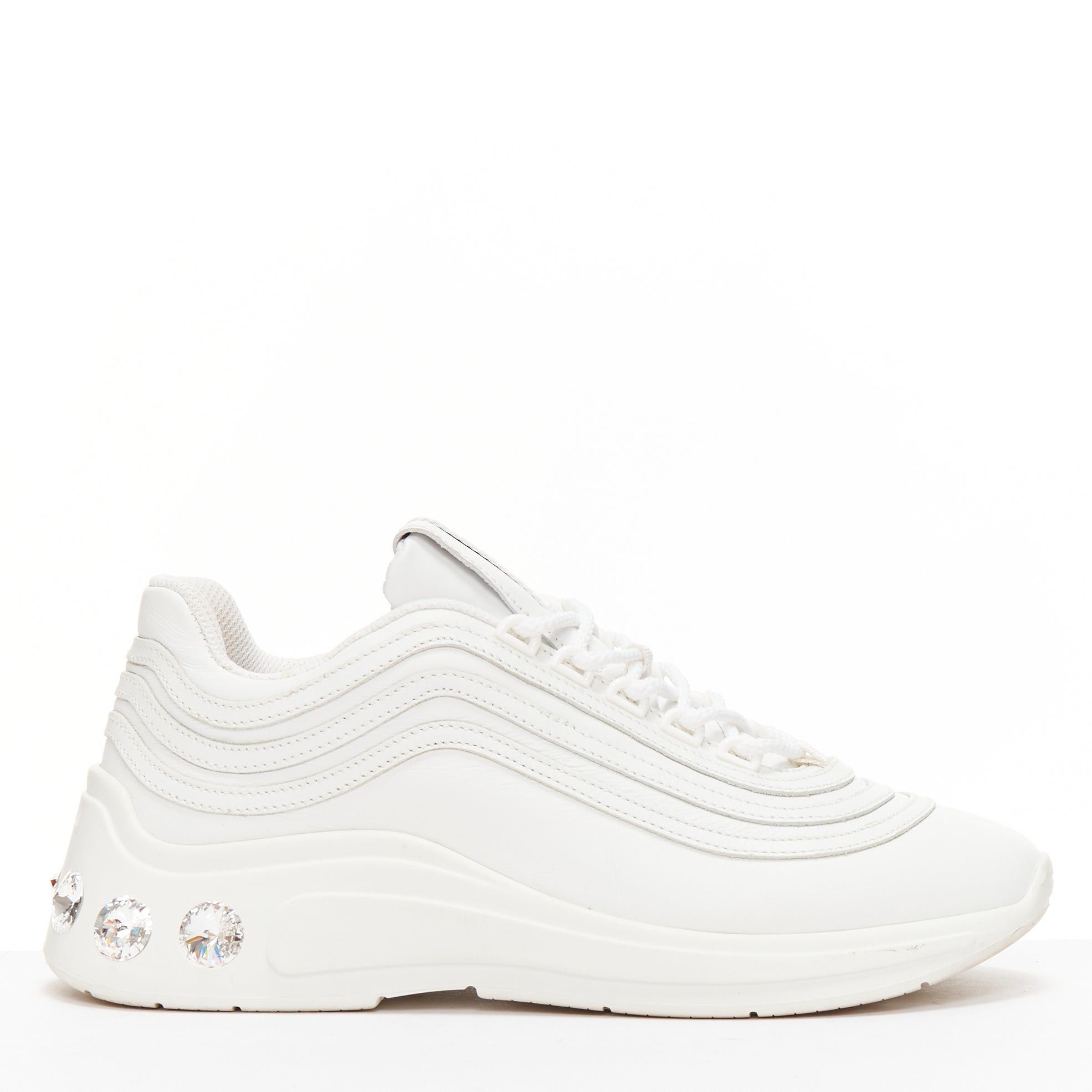 Miu Miu MIU MIU white leather logo tongue clear big crystal heels chunky sneakers EU38 Size US 8 / IT 38 - 1 Thumbnail