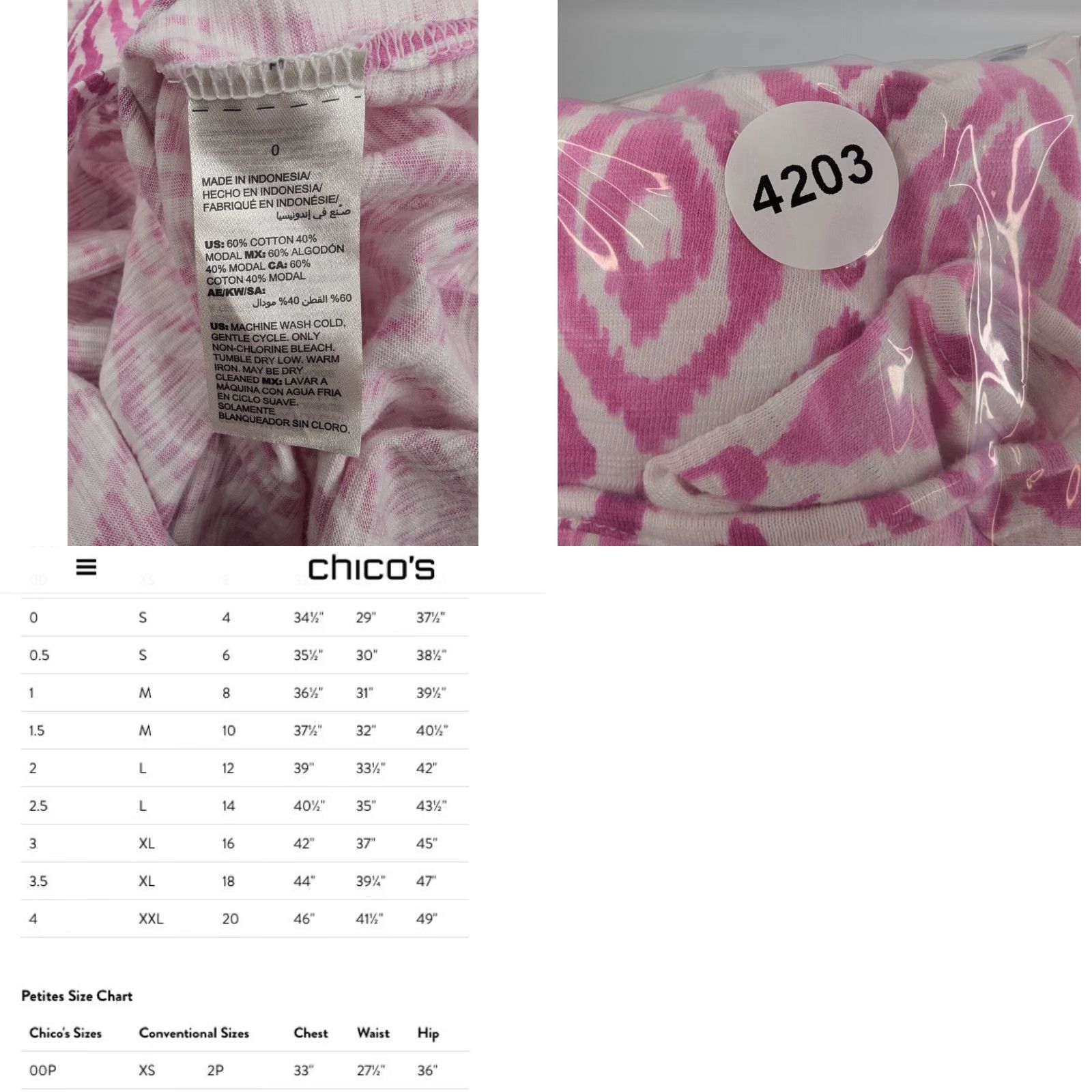 Vintage Chico's Women Top Size 0 (S/4) Knit V-Neck 3/4 Sleeve Pink Geometric T-Shirt Size XS / US 0-2 / IT 36-38 - 8 Thumbnail