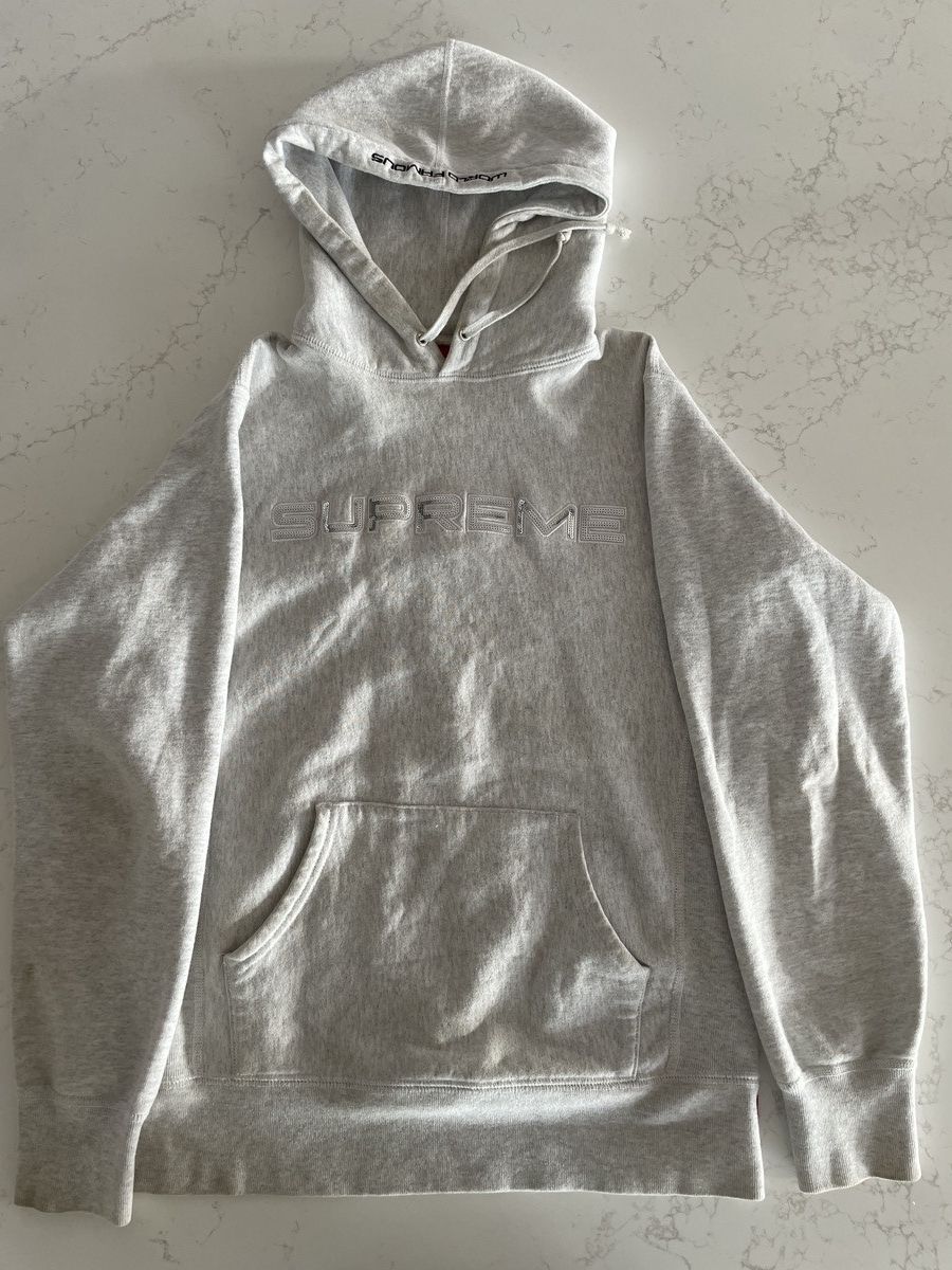 image of Vintage Supreme Sequin Logo Hooded Sweatshirt Grey Silver, Women's (Size Small)