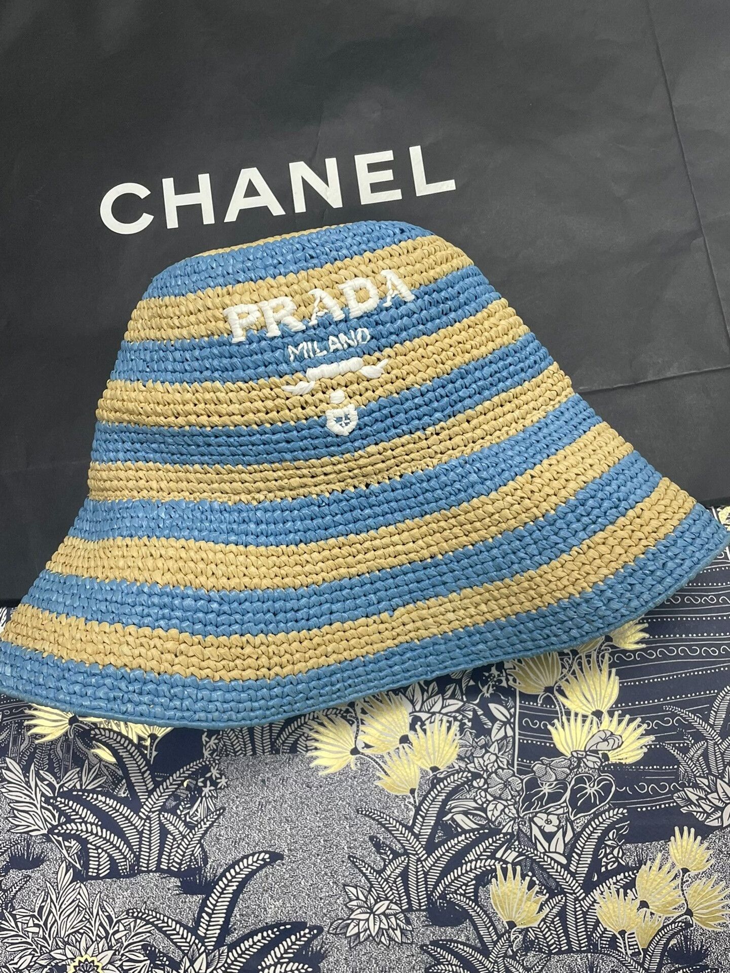 Prada Prada Blue Striped Straw Bucket Hat Size ONE SIZE - 1 Thumbnail