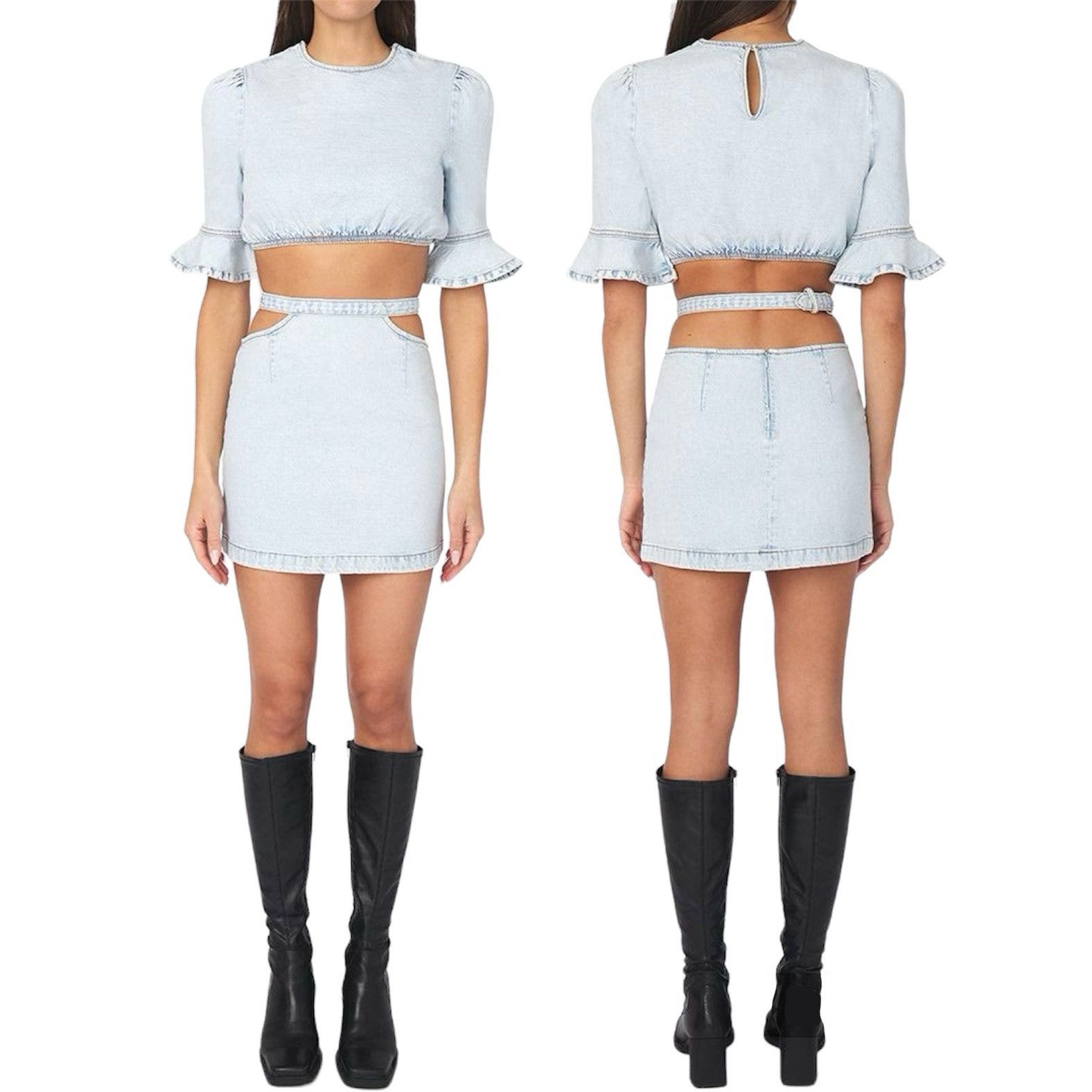 WeWoreWhat WeWoreWhat Set Denim Cut Out Waist Mini Skirt & Crop Top XS Size 26" / US 2 / IT 38 - 2 Thumbnail