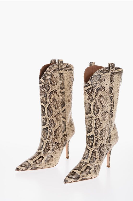 image of Paris Texas Point Toe Python Effect Leather Paoloma Boots Heel Shoes 10Cm in Beige, Women's (Size 8