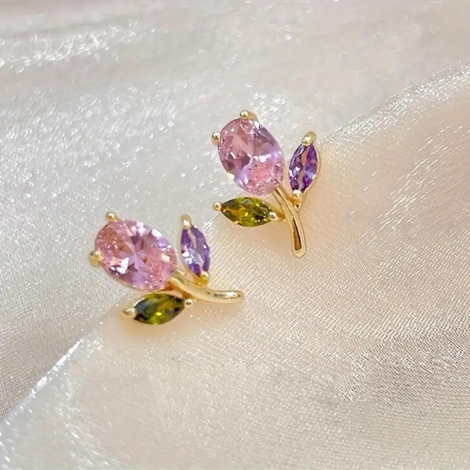 Designer EGold and Multicolor Gemstone Flower Earrings Size ONE SIZE - 3 Thumbnail