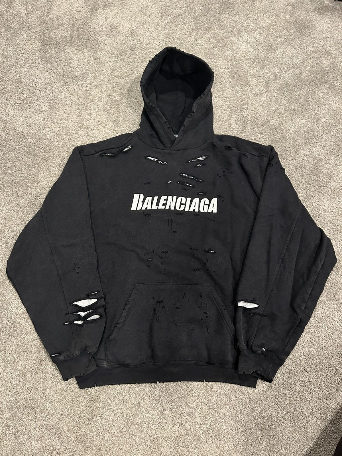 image of Balenciaga Caps Destroyed Hoodie Cotton Black Oversized Xxs, Men's (Size XL)