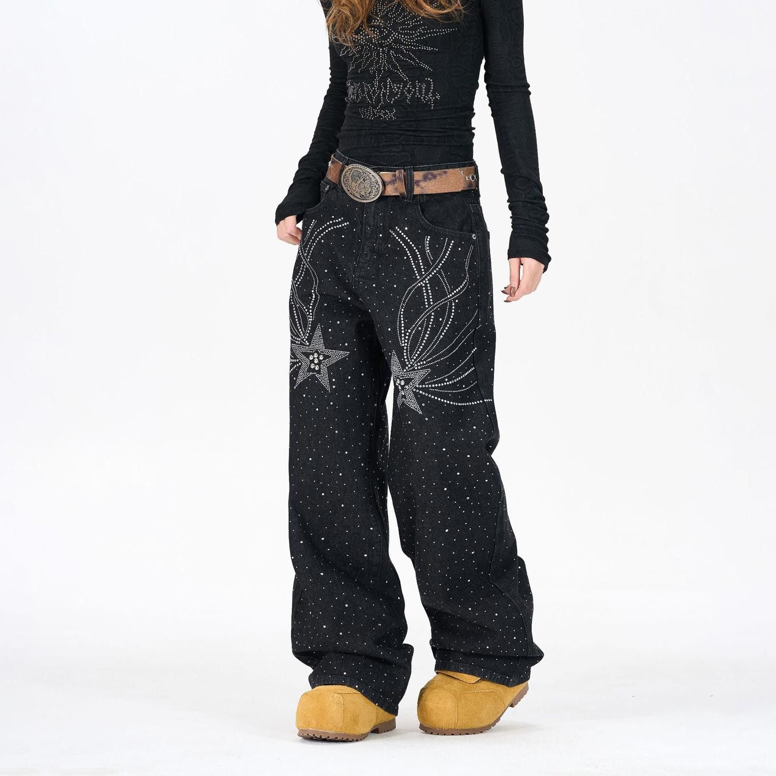 Japanese Brand Black Wide Leg Pants with Star Rhinestone Embellishment Size 27" / US 4 / IT 40 - 2 Thumbnail